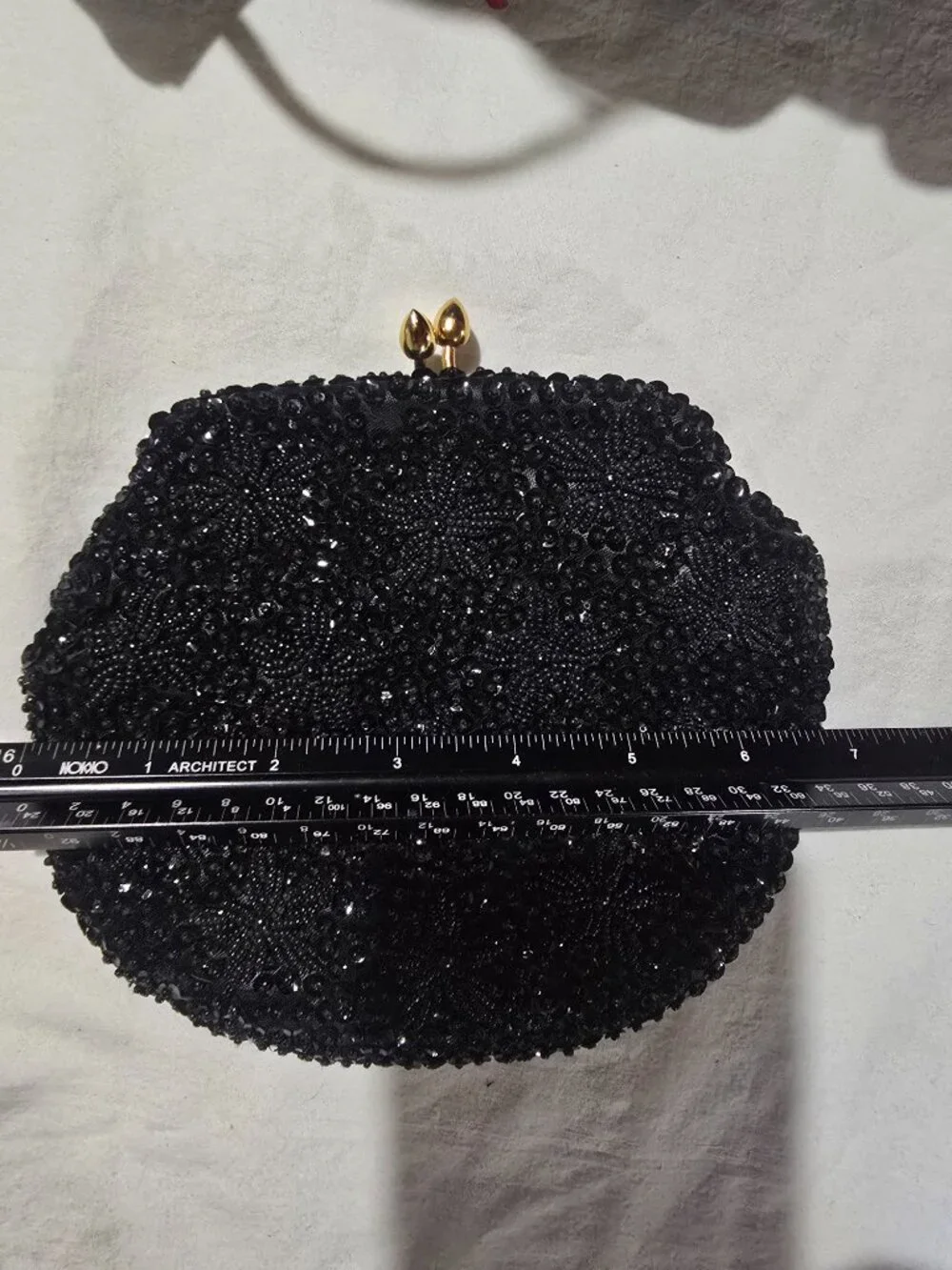 Vintage Hand Made for Broadway Black Beaded Sequin Evening Bag Clutch Gold Chain